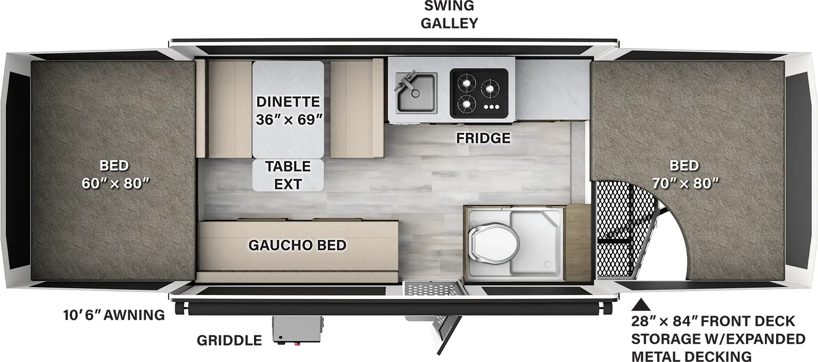 The 228BHSE has no slideouts and one entry door. Exterior features a 10 foot 6 inch awning, griddle, and front deck storage with expanded metal decking. Interior layout front to back: front tent bed; off-door side countertop, swing galley with cooktop, sink and refrigerator, and dinette with table extension; door side shower/toilet, entry, and gaucho bed; rear tent bed.